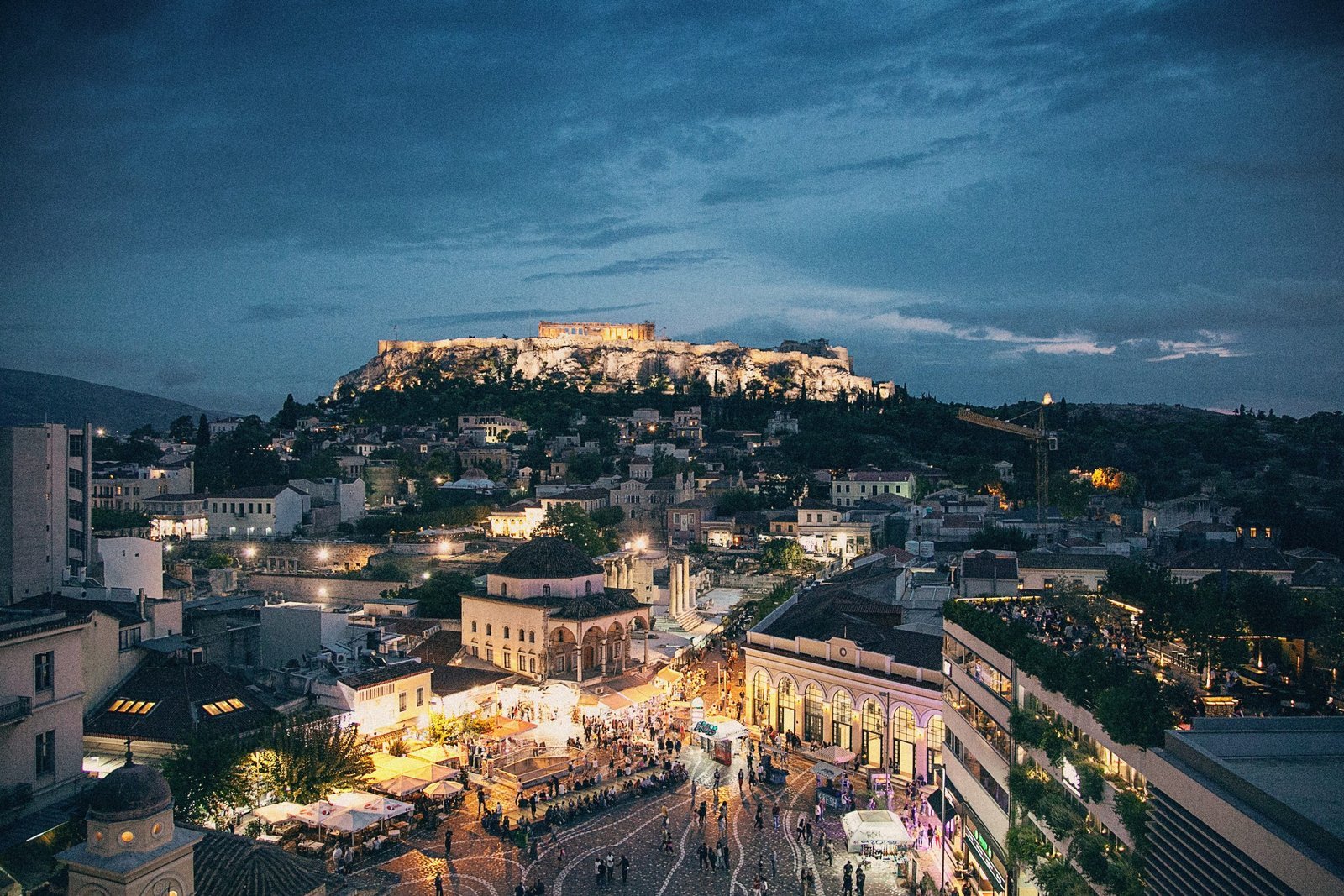 Athens at night with lit buildings